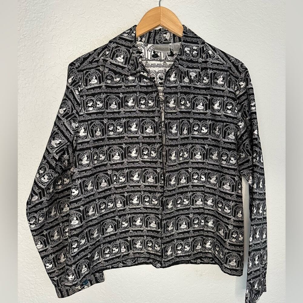Chico’s Black Silver Silk Open Jacket Lady Vintage Cameo Print Artsy Museum